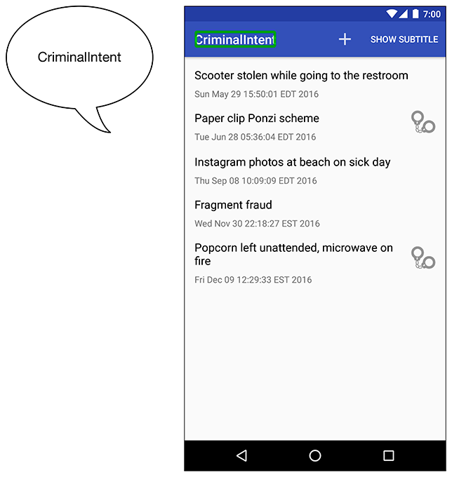 Screenshot shows CriminalIntent app screen in Android.