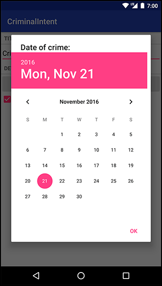 Screenshot shows the CriminalIntent app in Android. The Date of Crime shows a calendar with the date displayed as 2016 Mon, Nov 21.