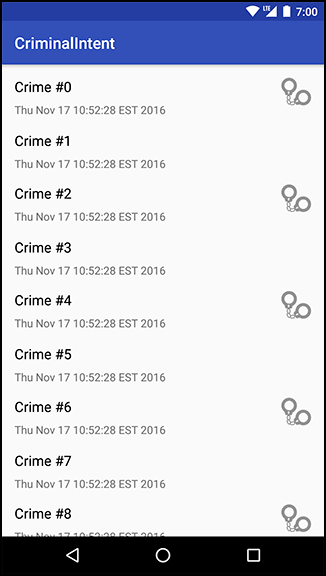 Screenshot shows CriminalIntent Screen in Android. The screen shows a list of Crime ID and Crime Date and Time on the left. Corresponding widgets are placed on the right.