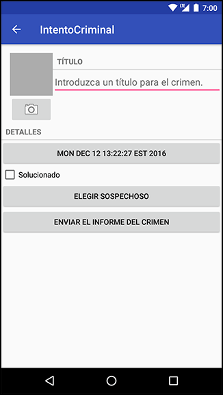 Screenshot shows the IntentoCriminal app in Android. The text in the app is shown in the Spanish language.