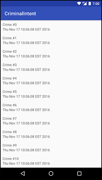 Screenshot shows CriminalIntent in Android phone. The screen shows the list of Custom items in CriminalIntent app.