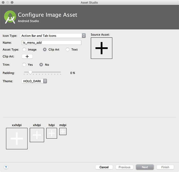 Screenshot shows Configure Image Asset screen in Android.