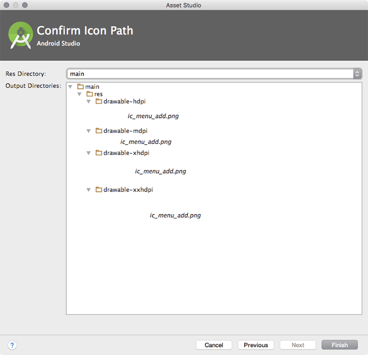 Screenshot shows Confirm icon path screen in Android studio.