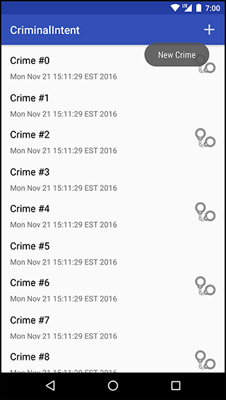 Screenshot shows the CriminalIntent app in Android. The screen shows a list of crime reports. Icons are placed in alternate rows. Popup message on row 1 reads, New Crime.