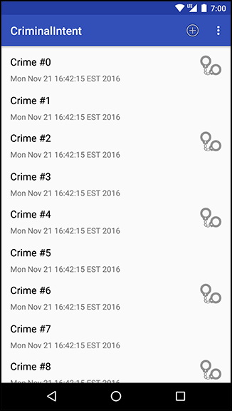 Screenshot shows the CriminalIntent app in Android. The screen shows a list of crime reports. The icons are placed in alternate rows.