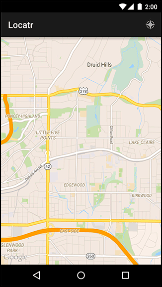 Screenshot of the Locatr app in Android phone. The screenshot shows Zoomed map fragment.