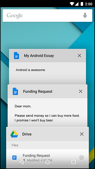 Screenshot shows multiple tasks in an Android phone. The screen shows a Google search bar on top. Below are three tasks (documents) open.