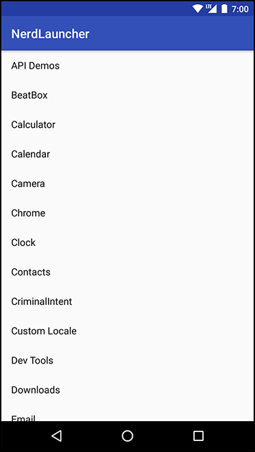 Screenshot shows the list of activities belonging to NerdLauncher app. Following activities are listed: API demos, Beatbox, Calculator, Calendar, Camera, Chrome, Clock, Contacts, CriminalIntent, Custom Locale, Dev Tools, and Downloads.