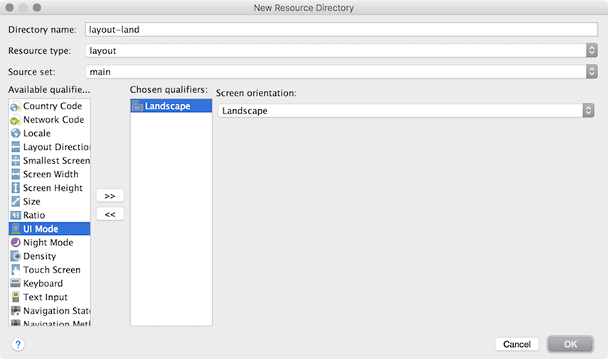 Screenshot shows New Resolution Directory window in Android Studio.