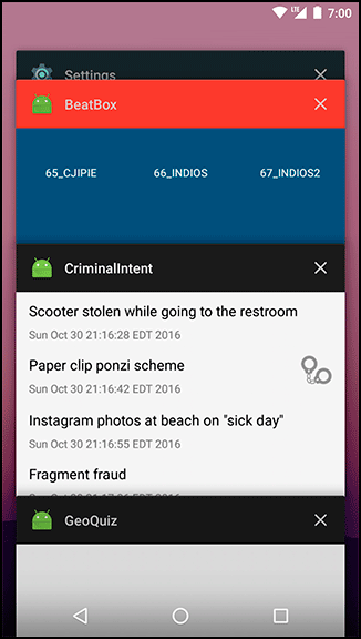 Screenshot shows Overview screen in an Android phone. The Settings, BeatBox, CriminalIntent, and GeoQuiz Applications are shown running.