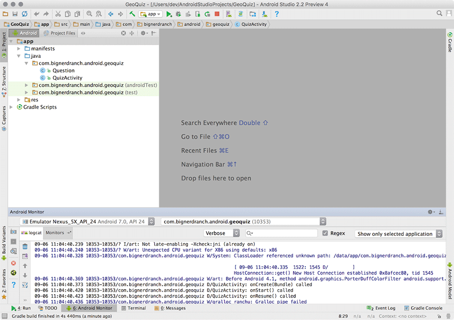 Screenshot shows Android Studio with LogCat.