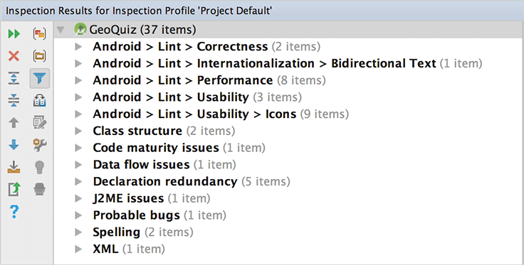 Screenshot shows Lint Warnings in Inspection Results for Inspection Profile 'Project Default' window.