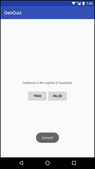 Screenshot shows GeoQuiz screen on a mobile. Text reads, Canberra is the capital of Australia. True and False buttons are placed below. Popup text reads, Correct!