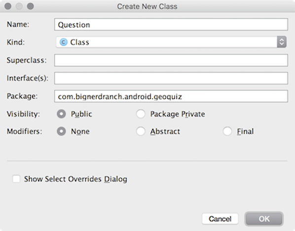 Screenshot shows the Create New Class window in Android Studio.