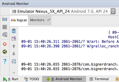 Screenshot shows Android Monitor window.  Android Monitor shows Monitor tab selected. The Monitor tab shows a drop-down list of connected devices.