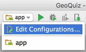 Screenshot shows Run Configurations in Android Studio.