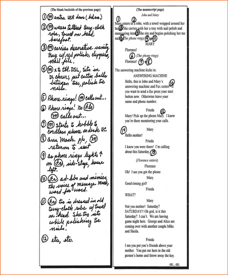 Figure 11-24 The SM’s numerical way of noting blocking. Numbers are placed on the dialogue page, while details of the blocking are noted on the blank page to the left (the backside of the previous page of dialogue).