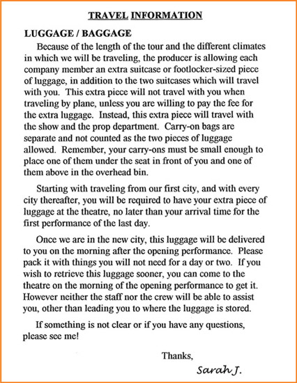 Figure 18-1 Travel information to the cast telling them some of the procedures to follow and what to expect as they embark on touring with the show.