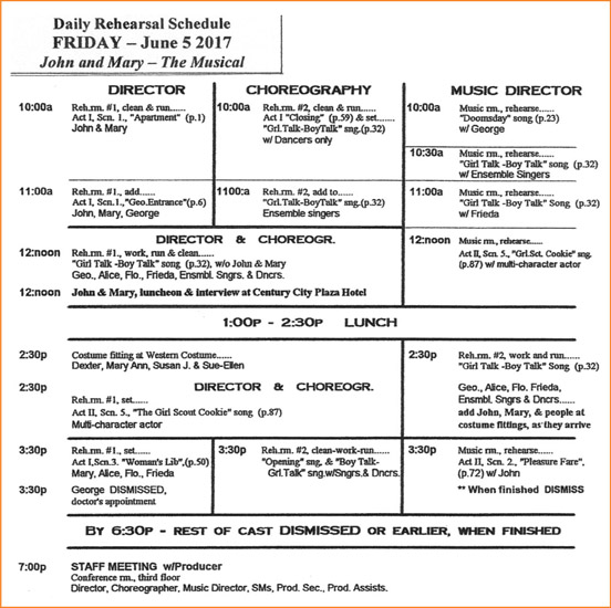 Figure 6-13 The daily rehearsal schedule for a musical show, listing the work to be done by the director, choreographer, and music director.