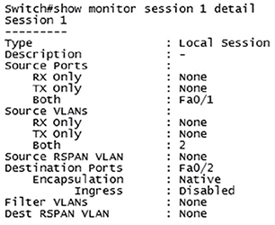 Sheet of programme codes showing output for different commands like type, description, source ports; source VLANS, source R5PAN VLAN, destination ports, encapsulation, et cetera.