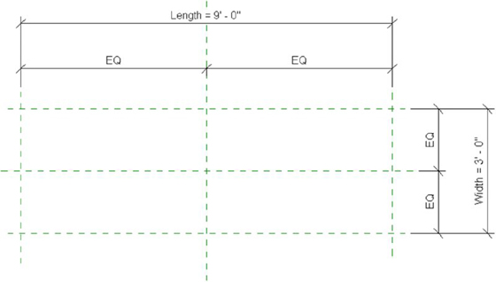 Diagram shows a rectangular area of length 9 feet, and width 3 feet that is divided into two equal vertical reference planes and two equal horizontal reference planes.