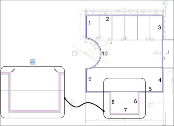 Diagram shows the layout of a building in which the inside face of the walls is indicated by sketch line and walls are numbered from 1 to 10 in counter clockwise order.