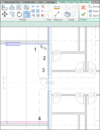 Screenshot shows the Trim/Extend To Corner button is clicked, inside face of the walls in the layout is indicated by sketch line and walls are numbered from 1 to 4 in counter clockwise order.