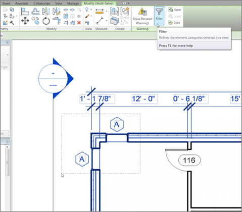 Screenshot shows the dimensions of walls in the top east corner of the building. It shows the Filter button in the Revit menu is clicked which is used to refine the element categories selected in a view.