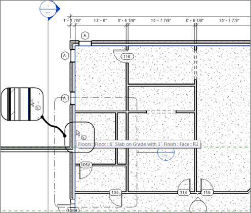 Diagram shows zoomed view of the edge of the floor in the lavatory area. A tooltip displays Floors: Floor: 6 inches Slab on Grade with 1 inch Finish: Face: R2.