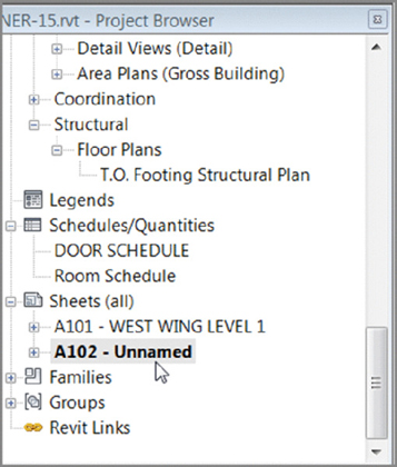 Screenshot shows a window of the project browser listing the items in a tree structure; detail views, area plans, coordination, structural, floor plans, T.O footing structural plan, legends, schedules or quantities, sheets, families and groups.