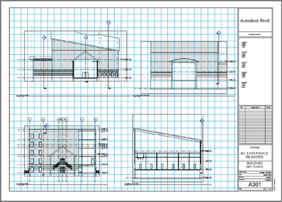 Screenshot shows the different views of a building along with the details of autodesk revit, owner and building sections.