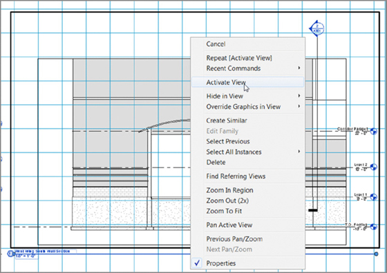 Screenshot shows a floor plan along with the items listed on right clicking at the window; cancel, repeat, recent commands, activate view, hide in view, override graphics in view, create similar, edit family, select previous et cetera.