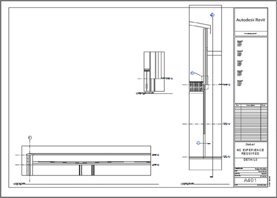 Screenshot shows three sections in a floor plan along with the autodesk revit, owner no experience required and details.