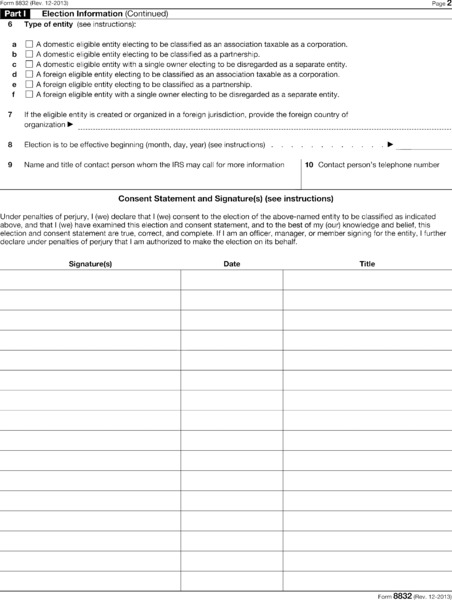 Form has part I for election information with checkboxes for type of entity and columns for signature, date, title, et cetera.