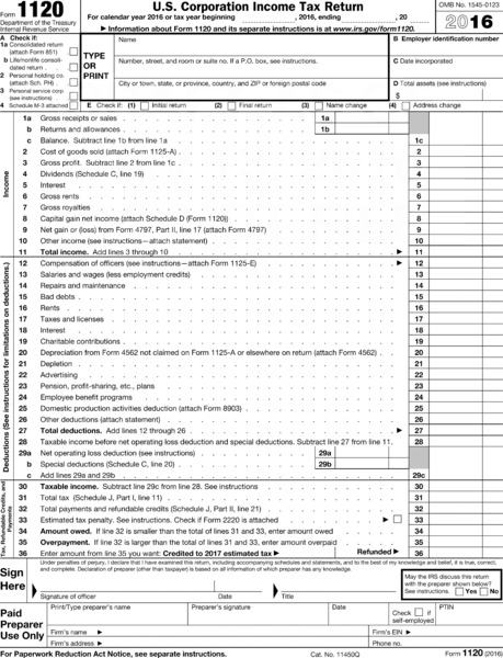 Form of U.S., corporation income tax return has rows for income, et cetera with columns, rows and checkboxes for date incorporated, type, check if, et cetera to fill relevant entries.