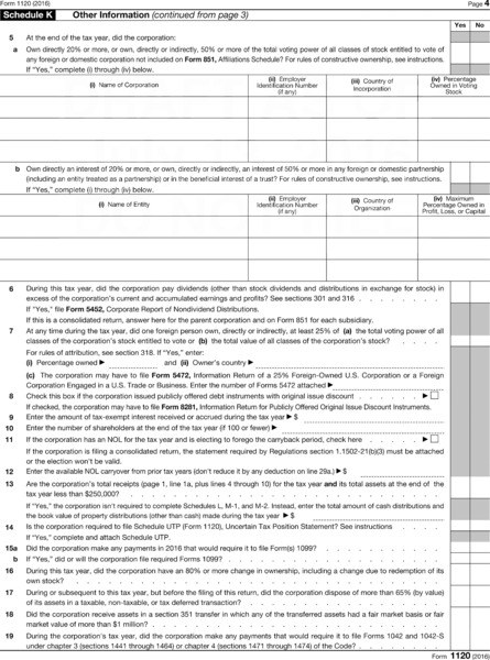 Form of schedule K for other information has columns, rows for employer identification number, name of corporation, et cetera to fill relevant entries.