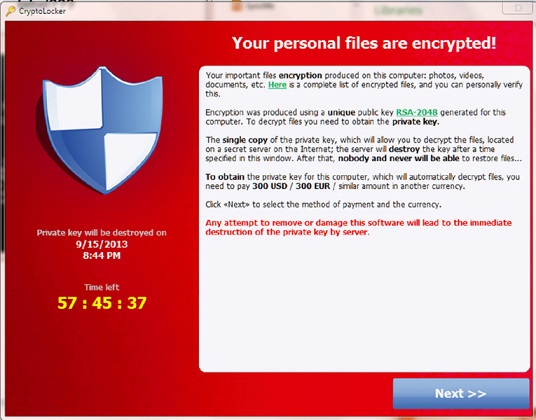 Cryptolocker dialog box shows the warning message that Your personal files are encrypted, any attempt to remove or damage this software will lead to the immediate destruction of the private key by server.