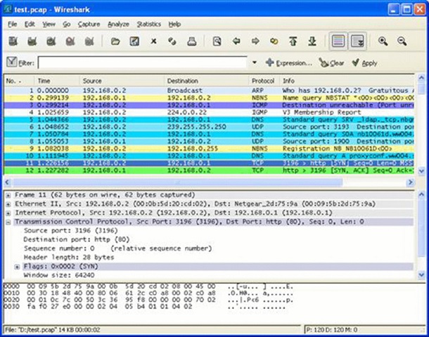 Screenshot shows time, source IP number, destination IP number and info of ARP, NBNS, ICMP, IGMP, DNS, UDP and TCP. It also shows source port, destination port, sequence number and header length of TCP.