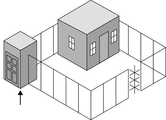 Diagram shows a house inside a fence along with a security room at a corner of the fence. The arrow is pointing toward the security room.