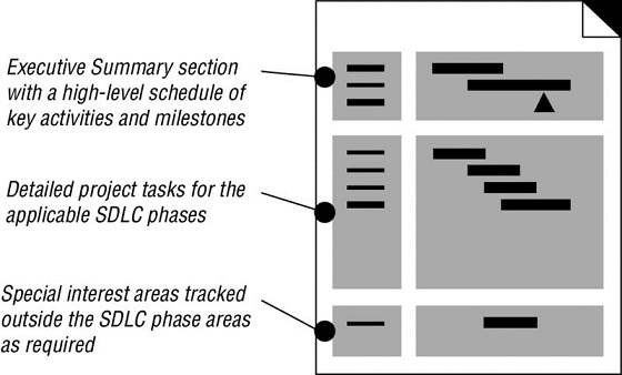 Diagram shows a document with executive summary section on top, detailed project tasks for the applicable SDLC phases on center and special interest areas tracked outside the SDLC phase areas on bottom.
