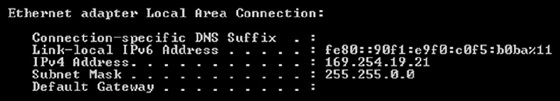 Screenshot shows Ethernet adapter local area connection details such as link-local IPv6 address, IPv4 address and subnet mask. Default gateway and connection-specific DNS suffix are not given.