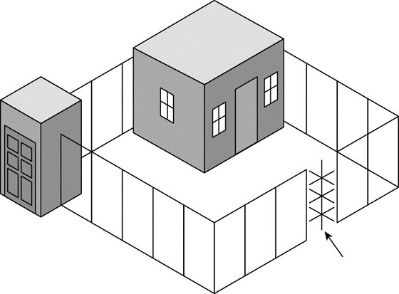 Diagram shows a house inside a fence along with a security room at a corner of the fence. The arrow is pointing toward the opening of the fence in front the house.
