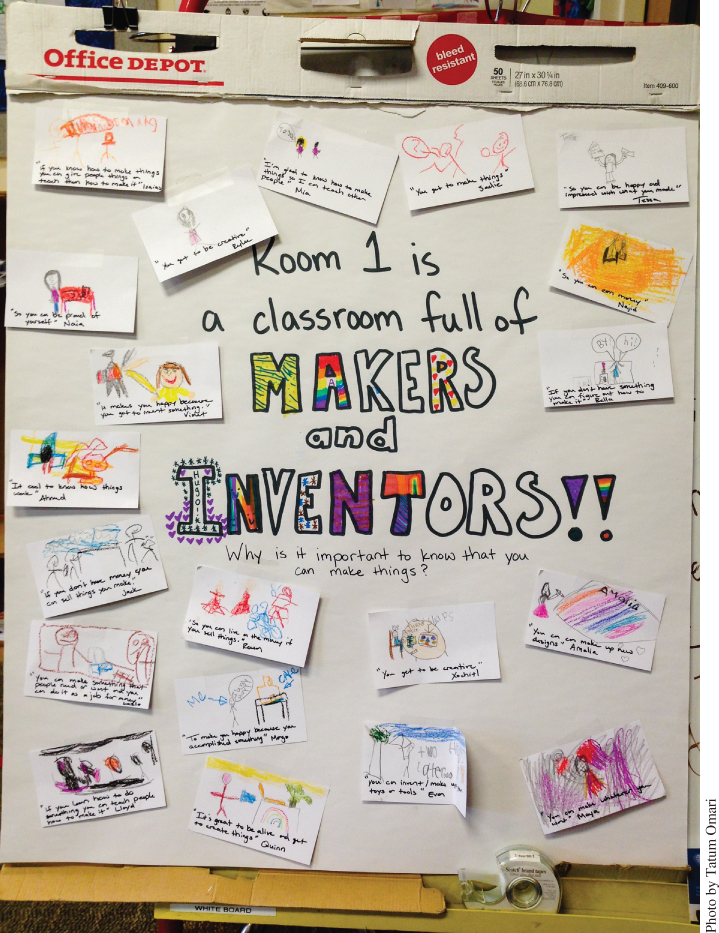 Photo of a board with text “room 1 is a classroom full of makers and inventors” surrounded by 20 small pieces of paper, each with drawings of Tatum Omari’s 1st grade students at North Oakland Community Charter School.