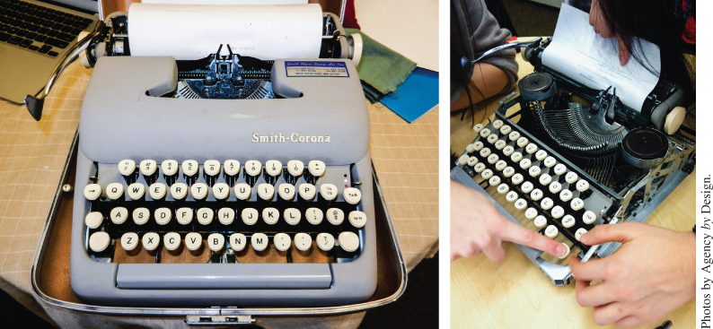 2 Photos displaying an old Smith-Corona typewriter (left) and a Smith-Corona typewriter with its cover removed while being manipulated by people (right).