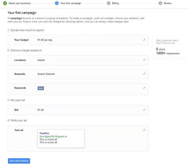 A screenshot image depicting second step of Google AdWords setup.