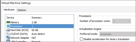 Screenshot of Virtual Machine Settings dialog box with the summary of devices with item Processors highlighted (left panel) and settings for processors and virtualization engine (right panel).