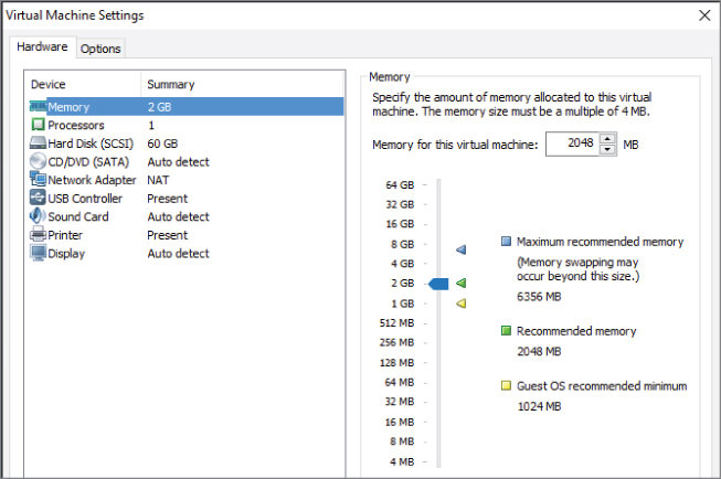 Screenshot of Virtual Machine Settings dialog box with the summary of devices with item Memory highlighted (left panel) and a meter of different memory available (right panel).