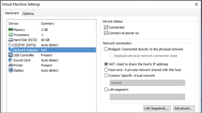 Screenshot of Virtual Machine Settings dialog box with the summary of devices with item Network Adapter highlighted (left panel) and checklist for device status and options for network connection (right panel).