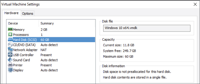Screenshot of Virtual Machine Settings dialog box with the summary of devices with item Hard Disk (SCSI)highlighted (left panel) and boxes listing capacity and disk information (right panel).