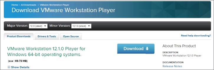 Screenshot of a web page entitled Download VMware Workstation Player with Product Downloads tab presented.